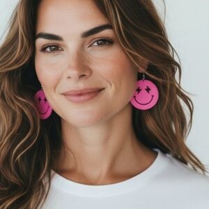 NWT Pink Metal Smiley Face Earrings